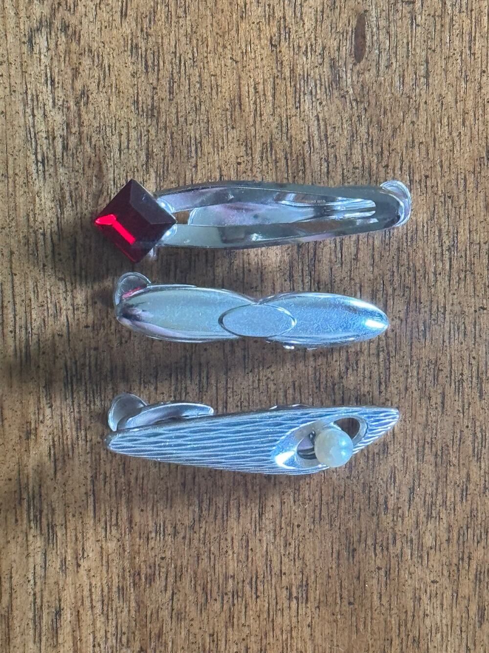 Vintage Hickok USA Tie Bars Lot of 3 Silver Tone Red Stone Faux Pearl MCM